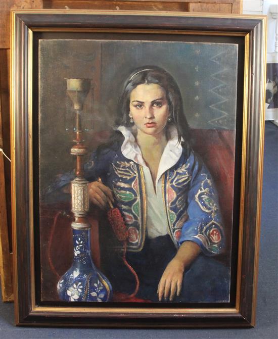 Max Moreau (1902-1992) Turkish woman smoking a huqqa pipe 32 x 24in.